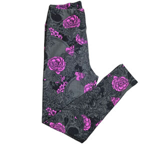 LuLaRoe One Size Black Pink Floral Skull Butterfly Leggings